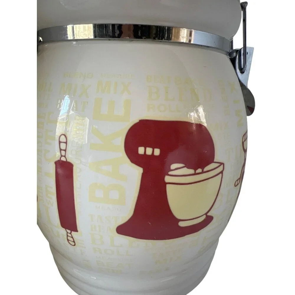 Retro Kitchen Canister Ceramic Hinged Lid Gasket Baking Pattern White Yellow Red